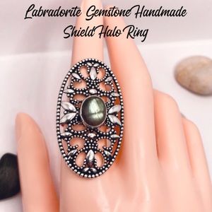 Natural Labradorite Gemstone Handmade Shield Halo Ring